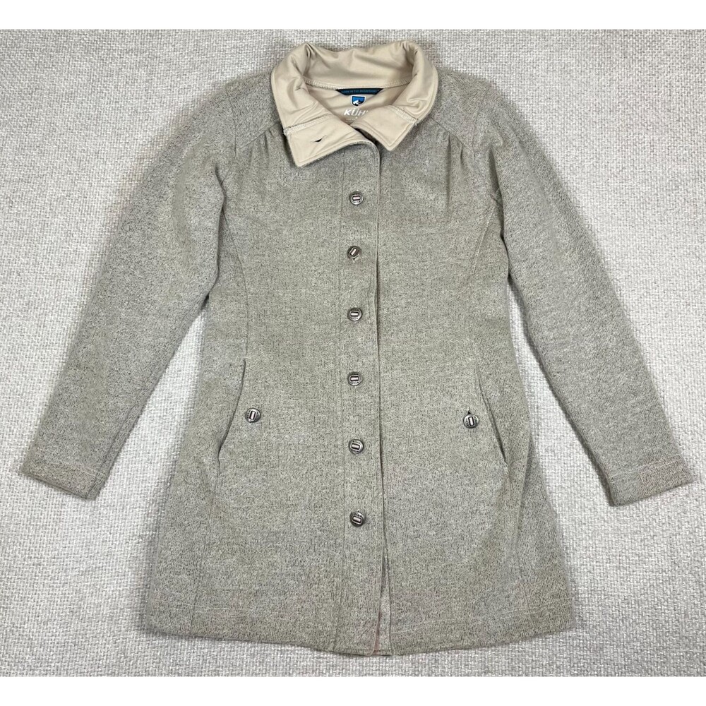 KUHL Savina Alfpaca Fleece Long Sweater Jacket Women's Medium Oatmeal Button Up
